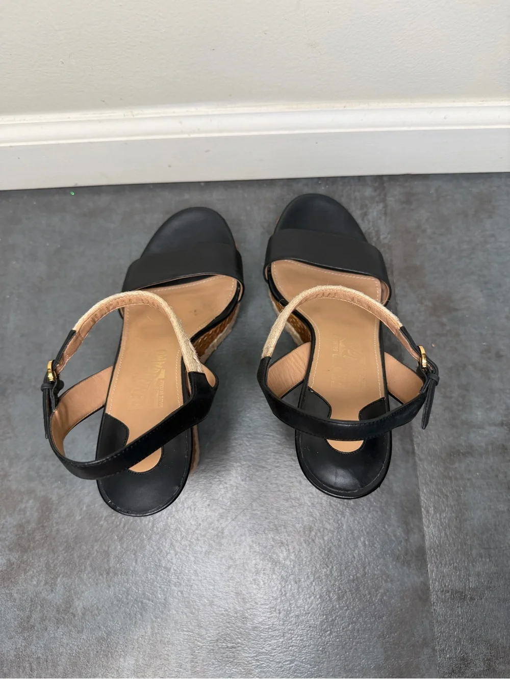 Salvatore Ferragamo Black Leather Espadrilles Wedge Sandal with Rope Ankle Strap